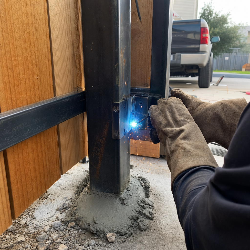 Professional welder installing a metal gate hinge to a steel post