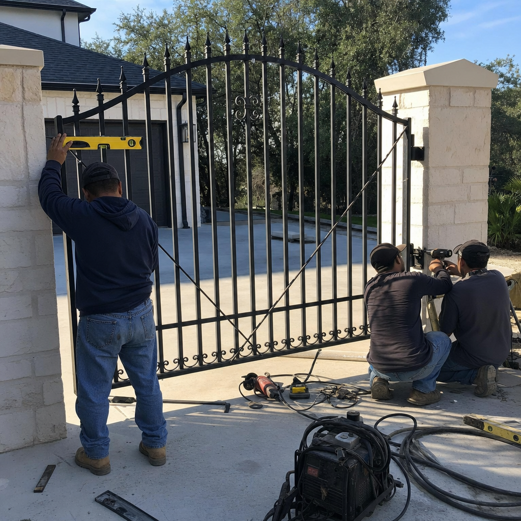 Professional workers installing a black iron security gate