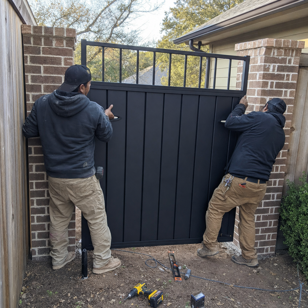 Two professionals installing a modern black metal gate between brick columns