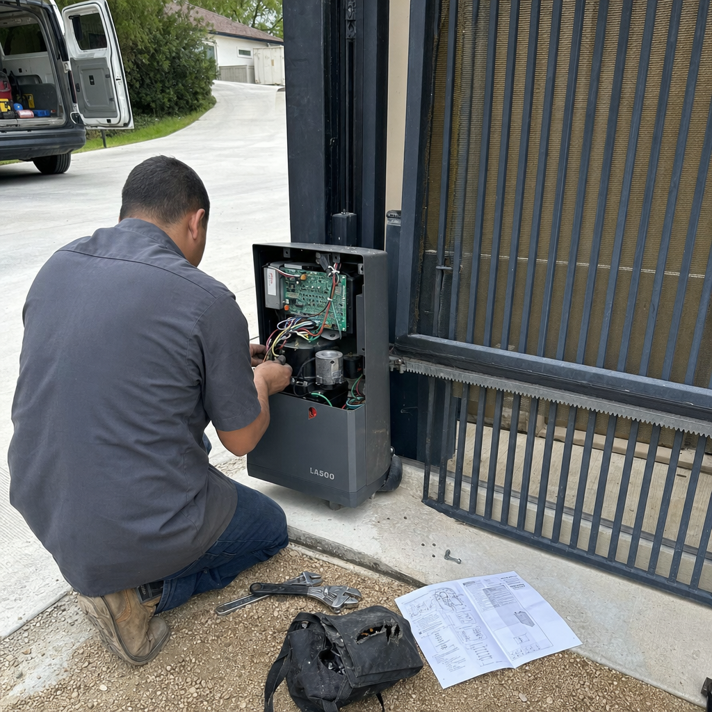 Technician repairing an automatic gate motor and opening system