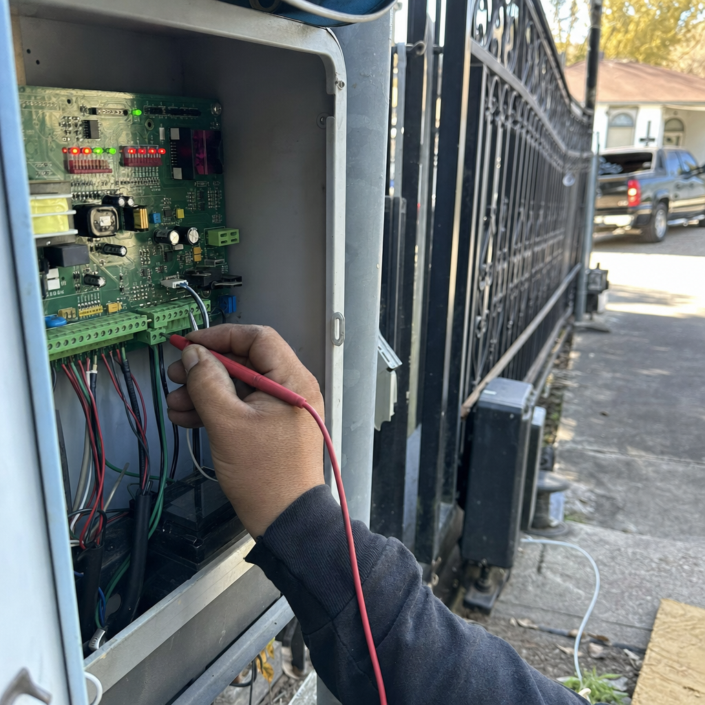 Technician performing professional electronic gate motor and opener repair