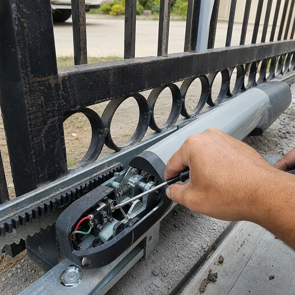 Technician performing professional automatic sliding gate motor maintenance and repair.