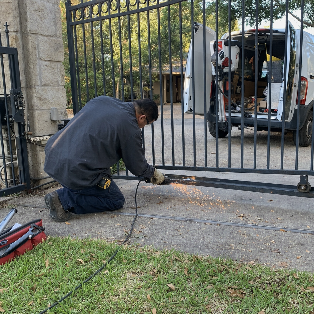 Technician using a grinder to repair a metal driveway gate