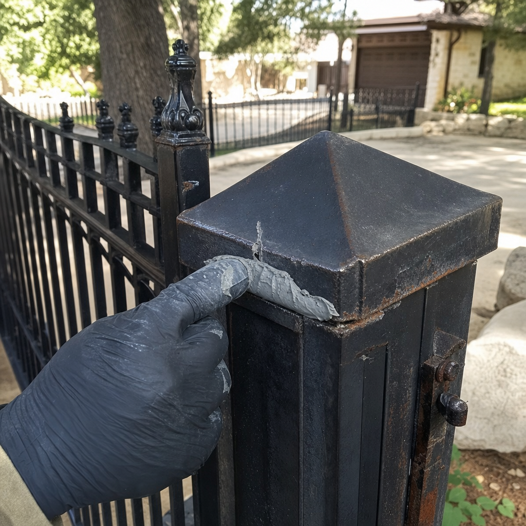 Gloved hand applying metal filler to repair a black iron fence post