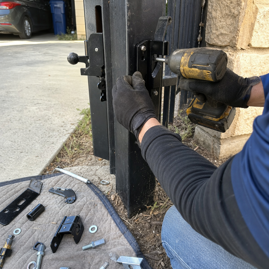 Technician using a power drill to install metal gate hardware.
