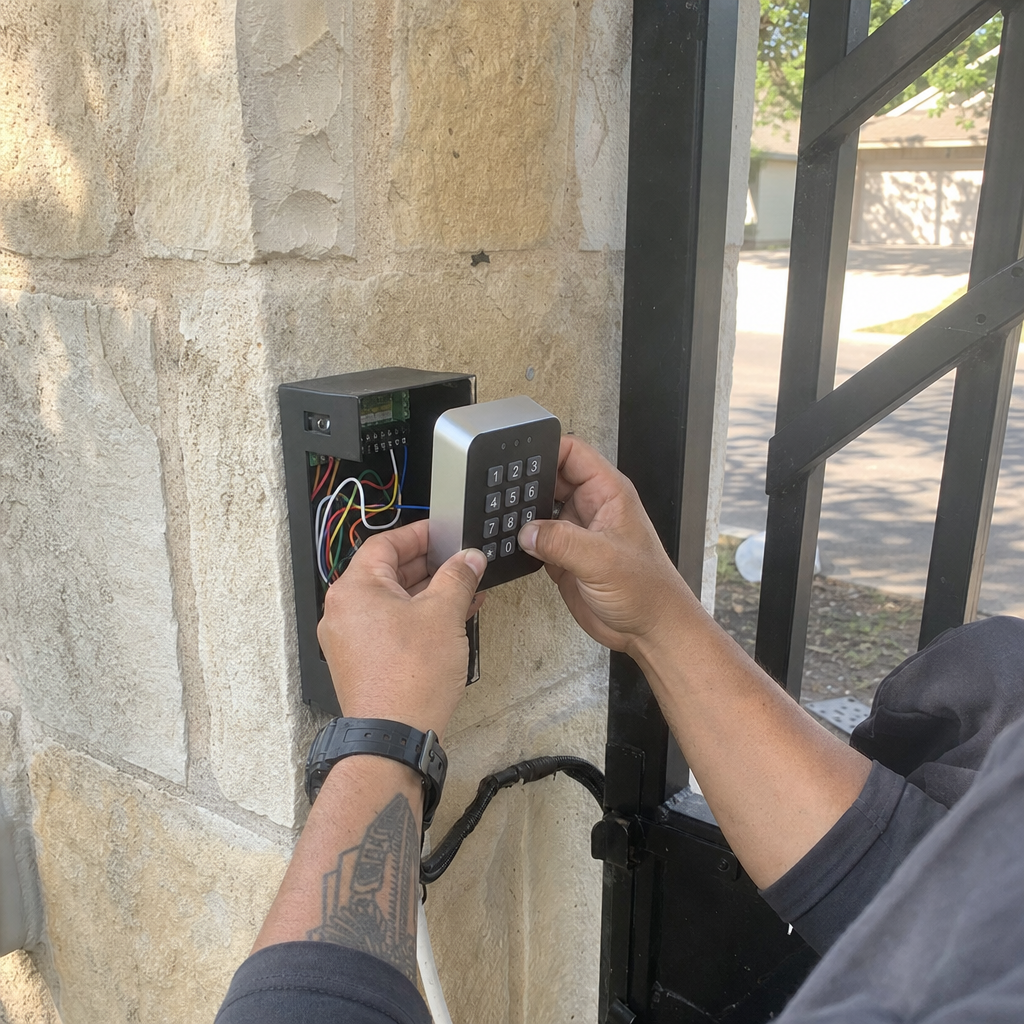 Technician installing digital gate access control keypad on stone pillar in San Antonio, TX