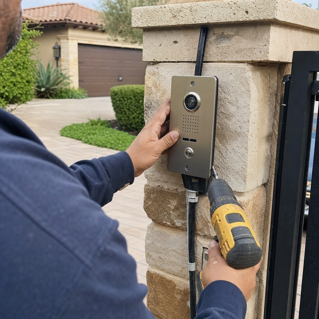 Technician installing gate access control intercom system on stone pillar in San Antonio, TX
