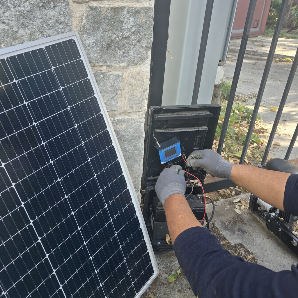 Technician performing solar gate access control system installation and wiring in San Antonio, TX