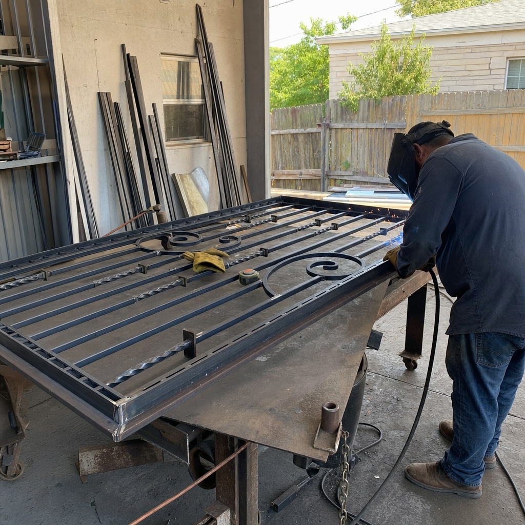 Professional welder performing custom gate parts repair and welding work in San Antonio, TX