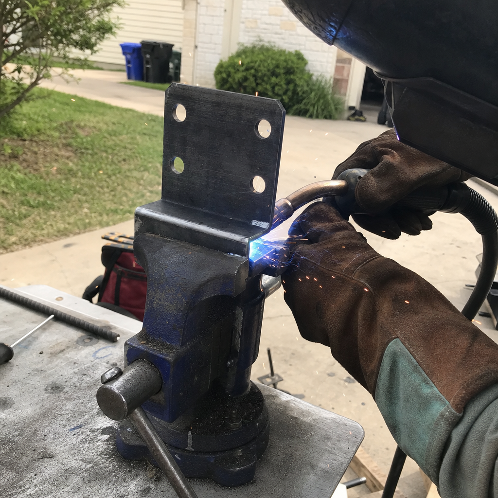 Welder repairing a metal gate bracket with welding equipment in San Antonio, TX