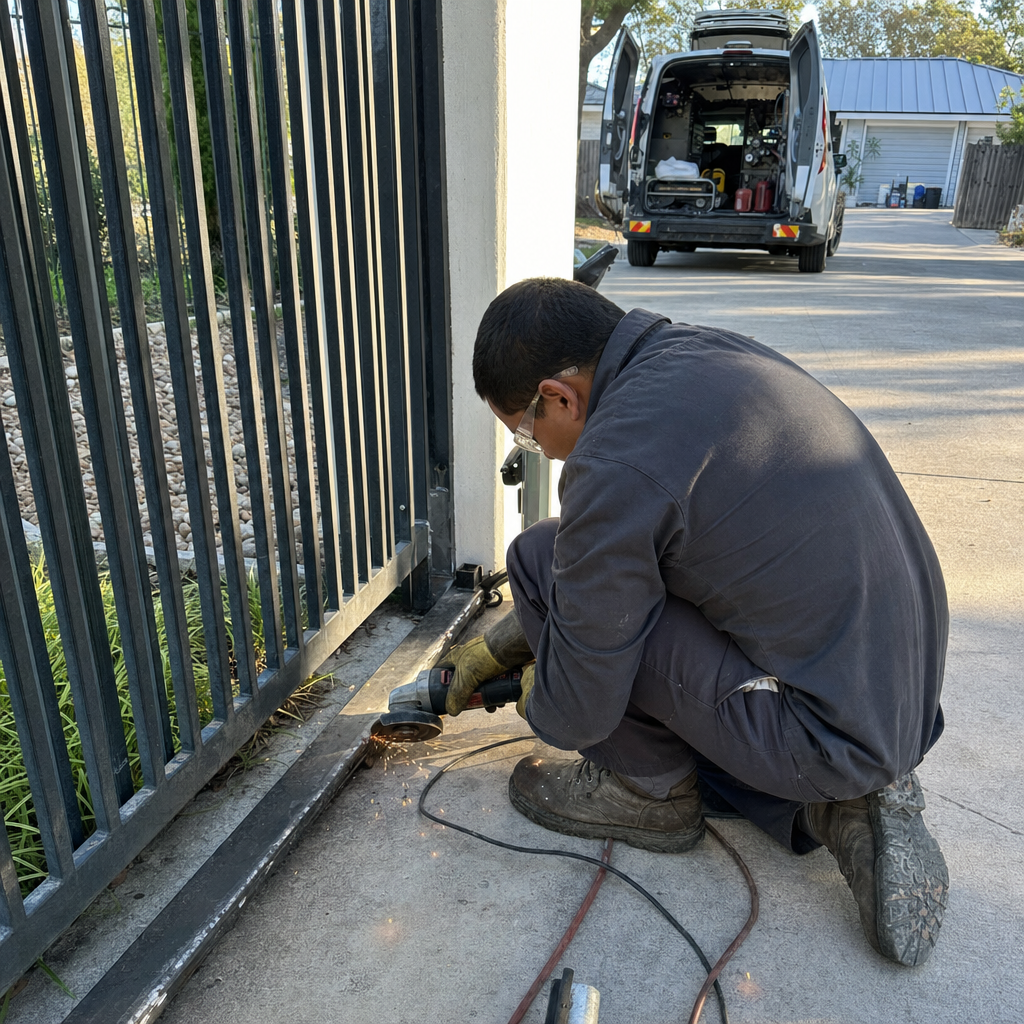 Technician using an angle grinder to perform professional metal gate repair