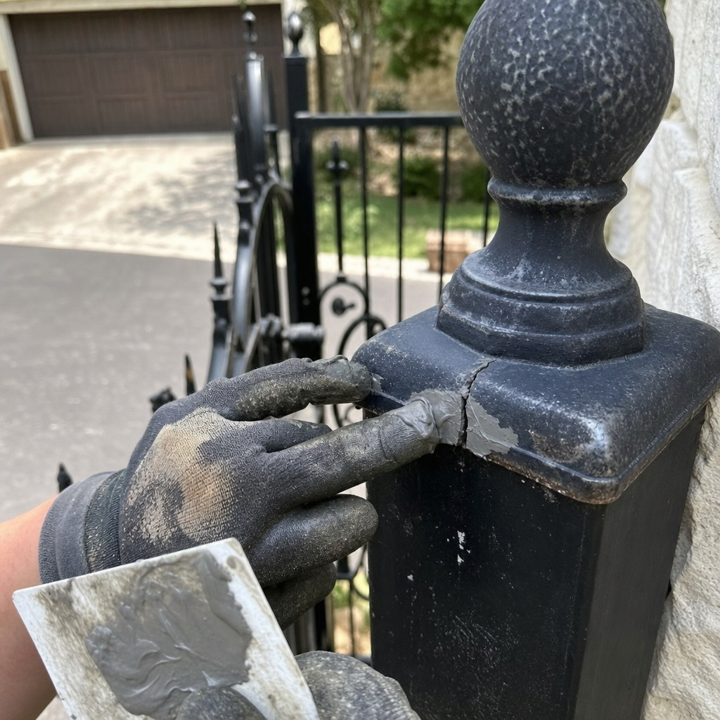 professional applying filler to repair a cracked metal gate post