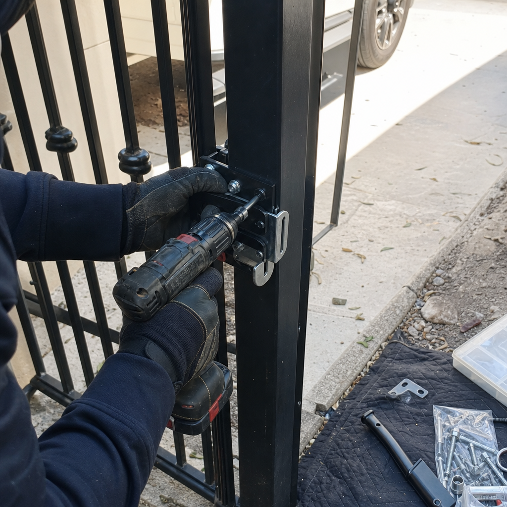 Technician using a power drill to repair a black metal gate